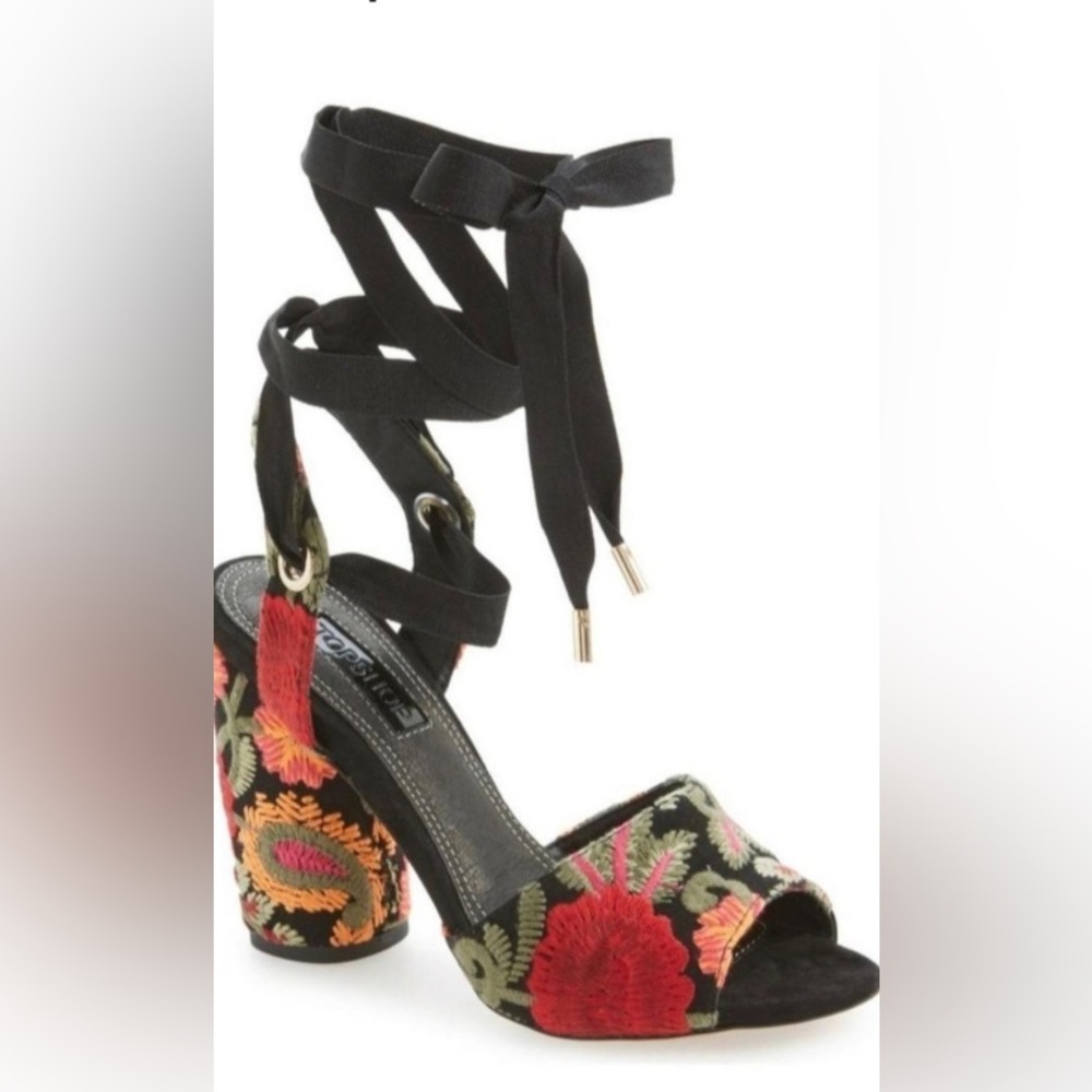 Topshop Black and Multicolor Embroidered Sandals